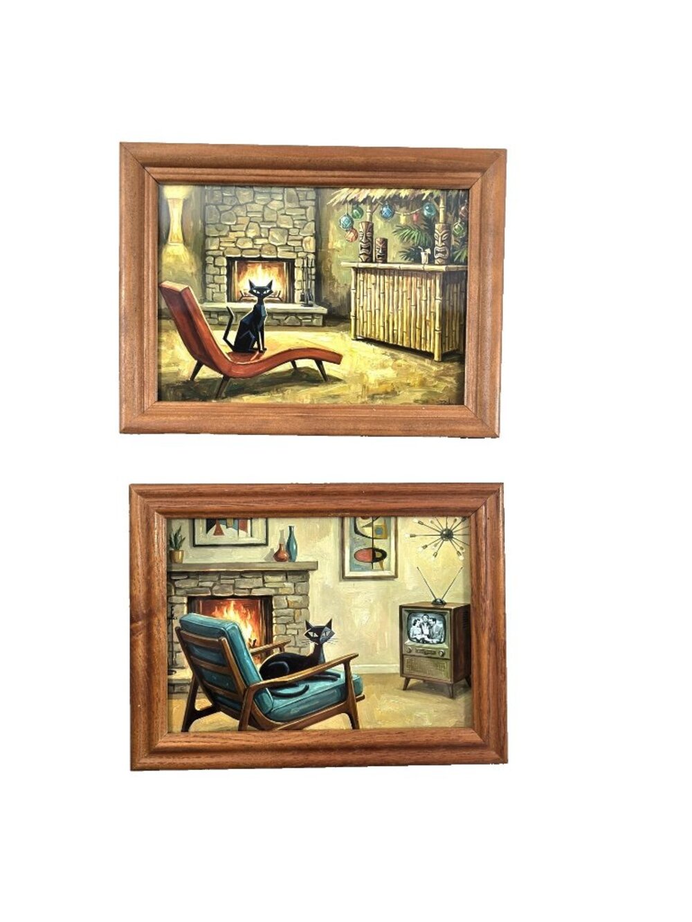 Vintage Inspired MCM Black Cat Wall Art Set Atomic Tiki Lounge Decor